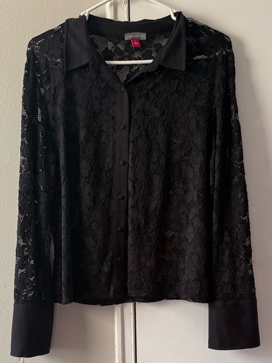 Vince Camuto Tops - NWOT Vince Camuto Black Lace Button Front Sheer Feminine Romantic Top Large $109